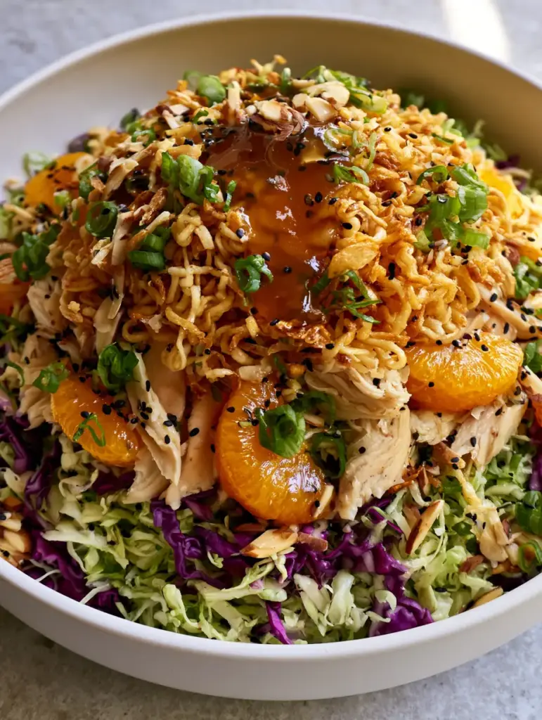 Authentic unedited smartphone photo of Chinese Chicken Salad on a gray stone background.