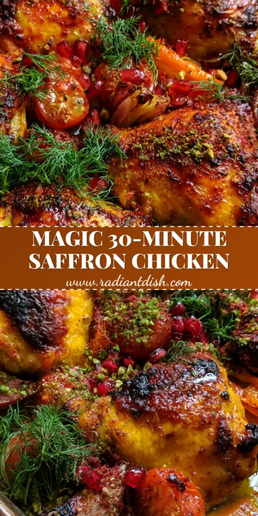 An overhead close-up of a dark steel sheet pan featuring Persian Chicken with golden skin, pomegranate arils, and green pistachios.