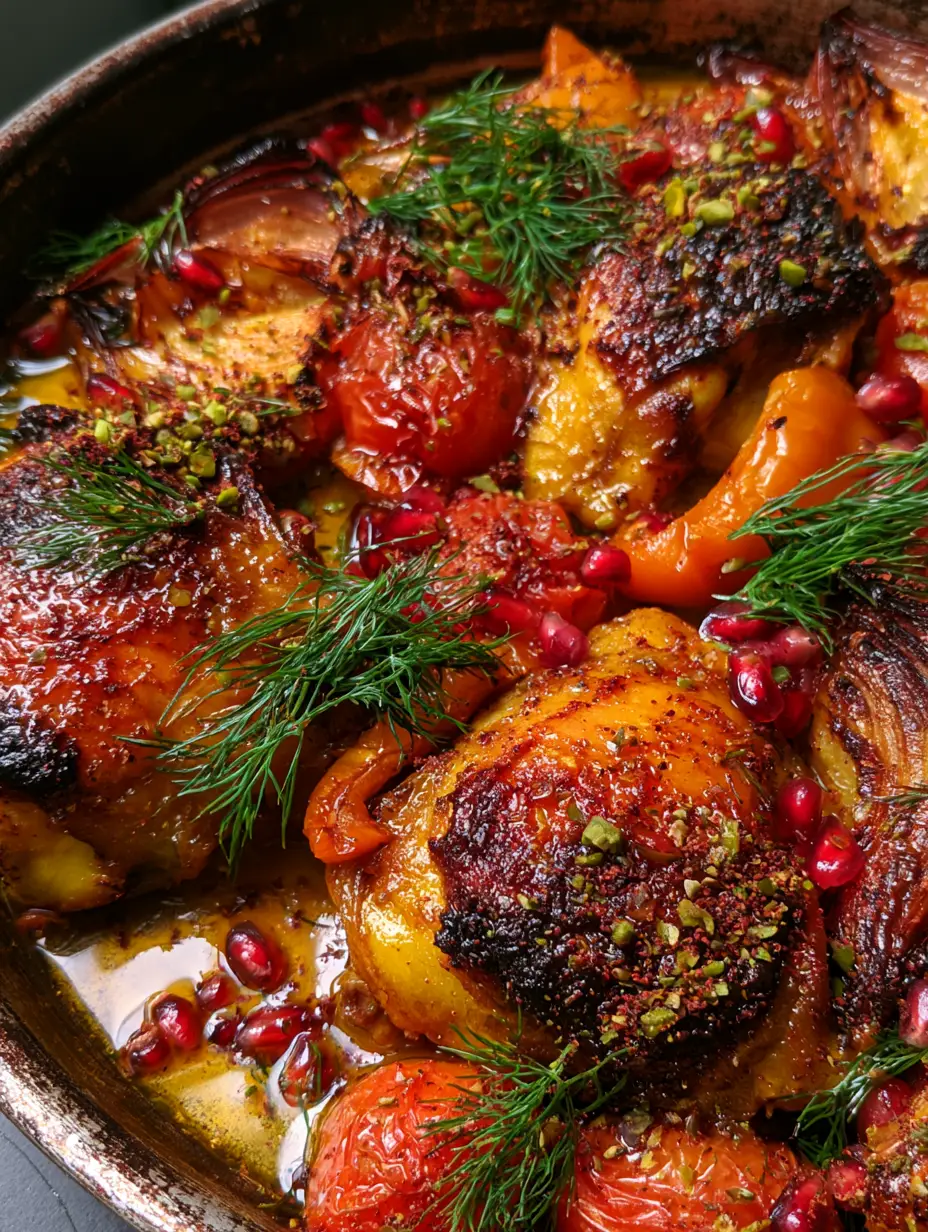Close-up of roasted Persian Chicken thighs on a weathered pan with blistered cherry tomatoes and charred red onions.