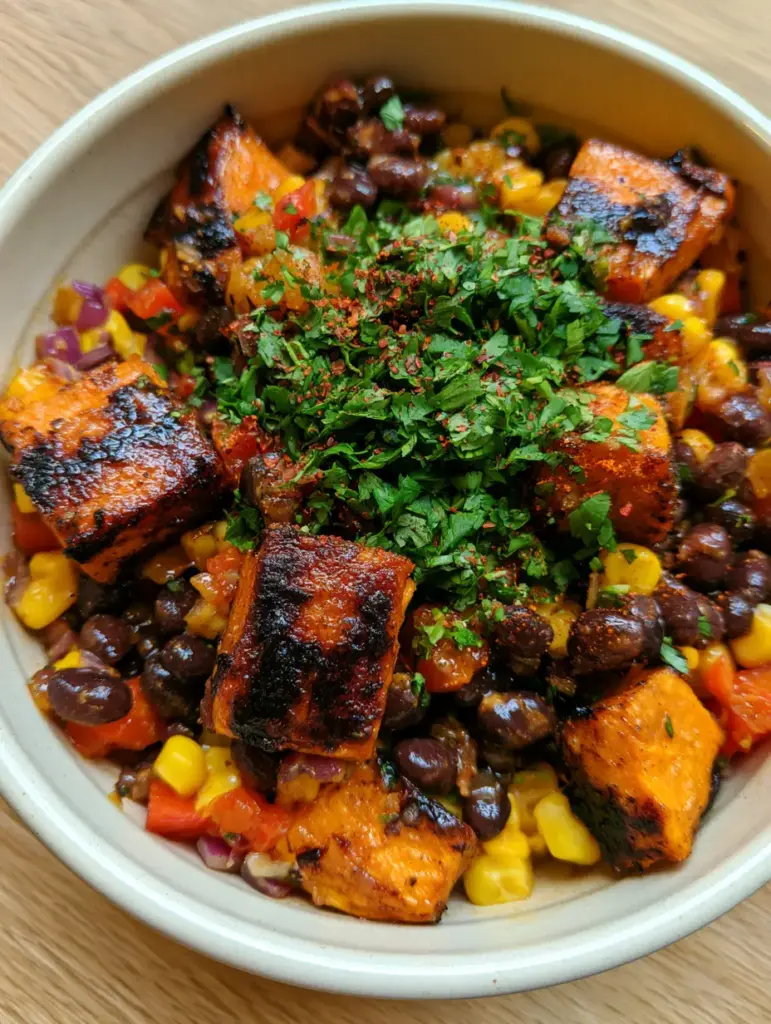 Roasted Sweet Potato Black Bean Salad with Shimmering Honey Lime Vinaigrette 1 Roasted Sweet Potato Black Bean Salad featuring sun-yellow corn, violet red onions, and fresh green cilantro.
