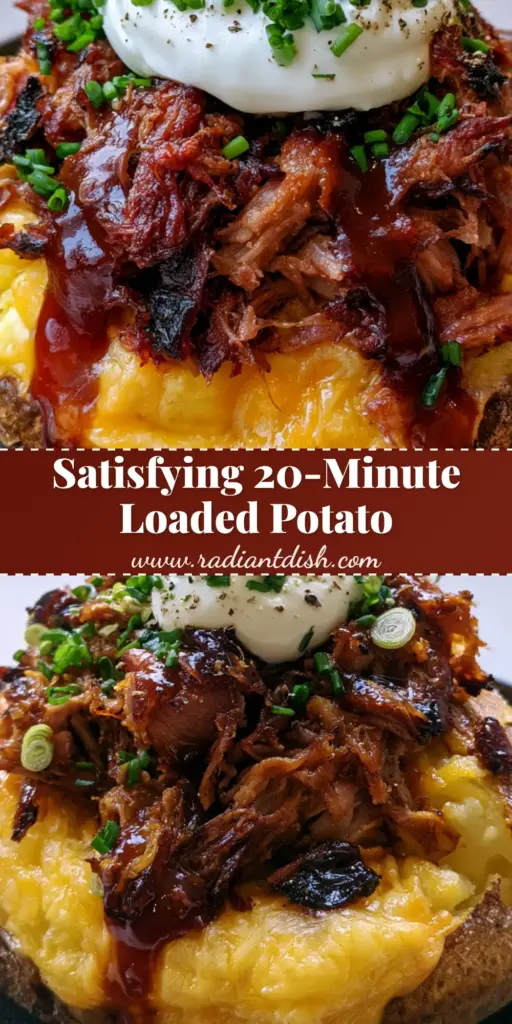 Loaded Baked Potato with Pulled Pork: The Ultimate BBQ Comfort Food 4 A massive Loaded Baked Potato with Pulled Pork on a charcoal plate, featuring a salt-crust, melted cheese, and mahogany BBQ sauce.