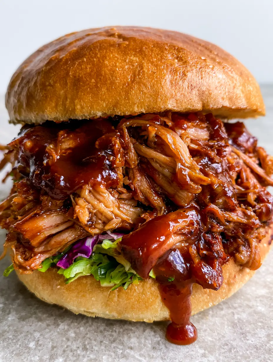 Instant Pot BBQ Pulled Pork with Glossy Hickory Sauce and Crisp Slaw 3 Extreme close-up of succulent Instant Pot BBQ pulled pork fibers glistening with mahogany sauce.