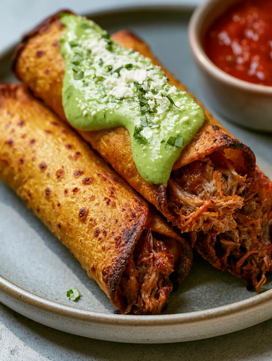 Pulled pork taquitos are the ultimate game-changing dinner for fans of extra-crispy textures and bold, succulent flavors. 3 Macro shot of blistered corn tortillas and shredded pork filling. (pulled pork taquitos)