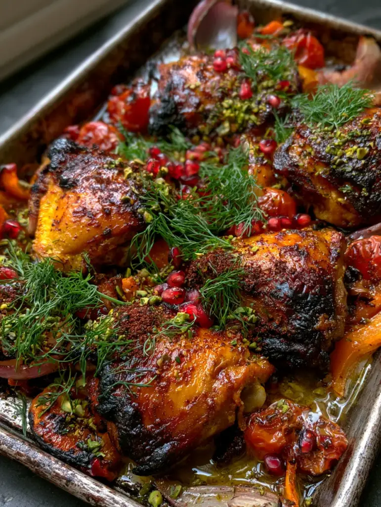 Saffron-marinated Persian Chicken being glazed with saffron butter on a dark metal sheet pan.