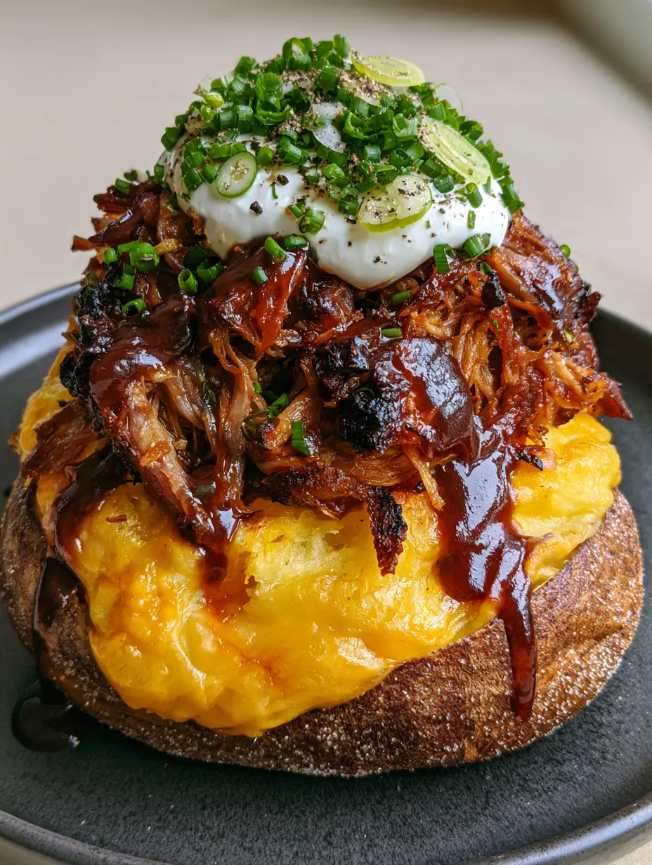Loaded Baked Potato with Pulled Pork: The Ultimate BBQ Comfort Food 3 Macro close-up of a salt-crusted potato split open with bubbling cheese and BBQ pulled pork. (Loaded Baked Potato with Pulled Pork)