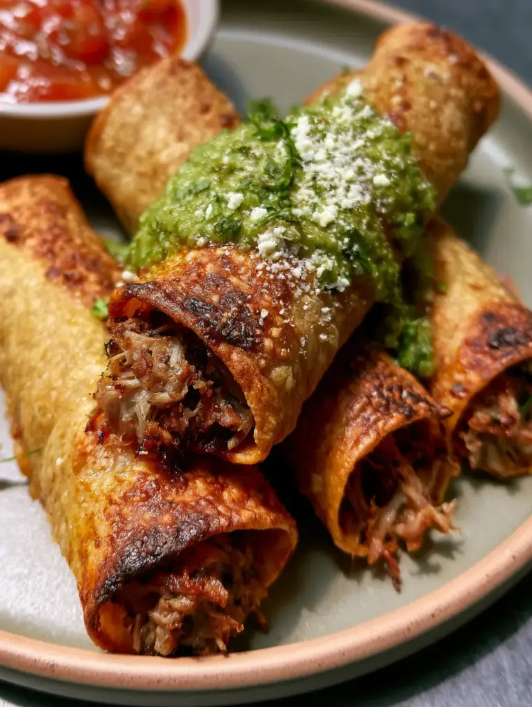 Pulled pork taquitos are the ultimate game-changing dinner for fans of extra-crispy textures and bold, succulent flavors. 1 Close up of lime-cilantro crema drizzled over golden pulled pork taquitos.