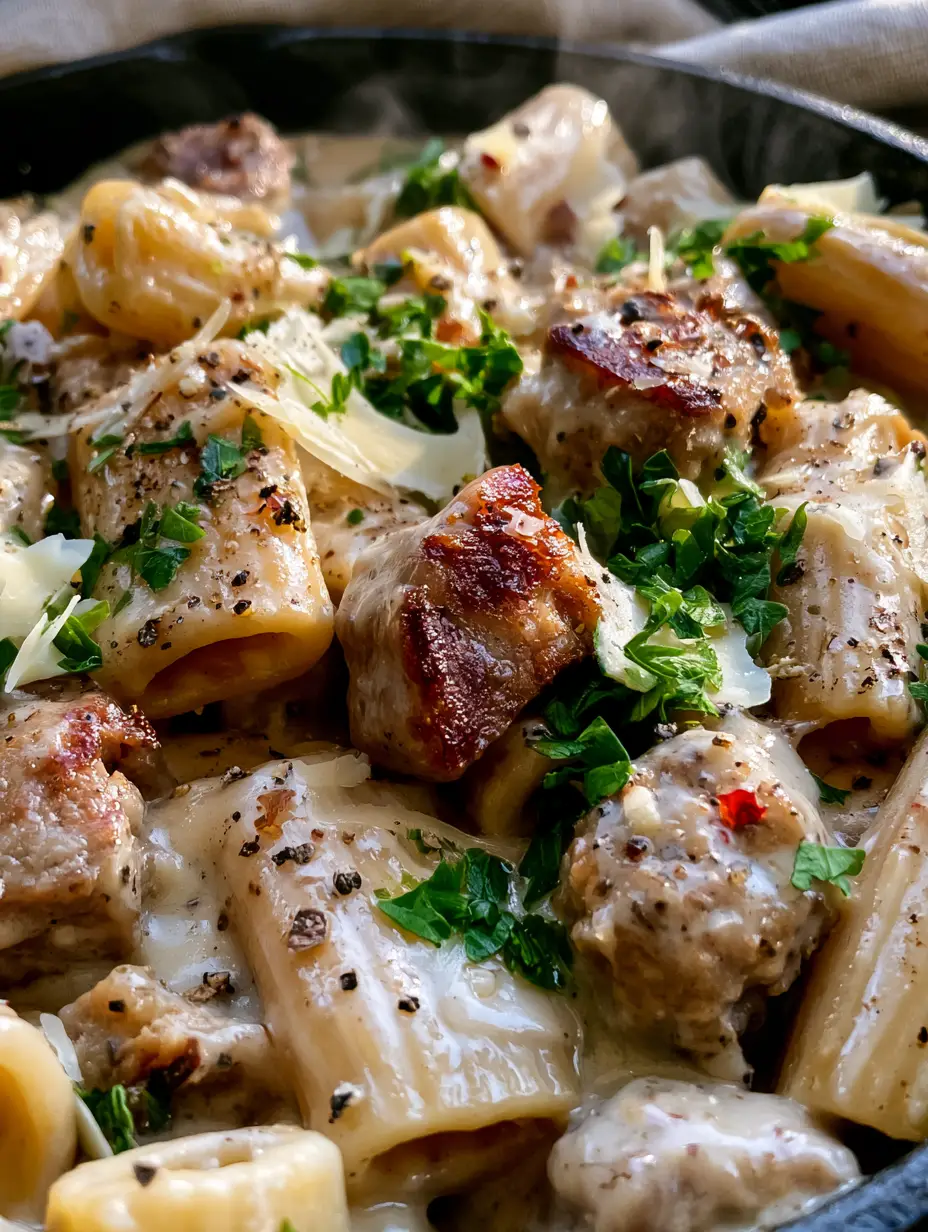 Macro shot of glossy garlic cream sauce clinging to rigatoni pasta ridges. (creamy rigatoni with italian sausage)