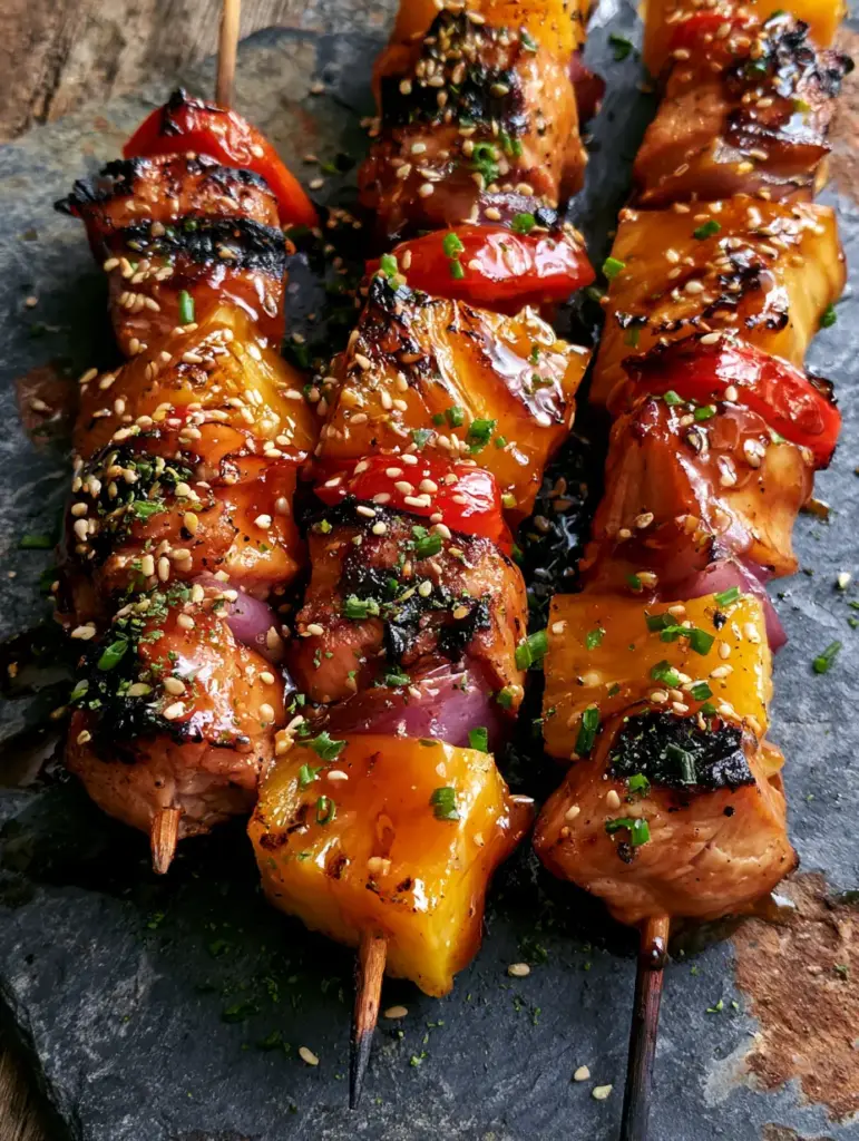 chicken pineapple kabobs: The Ultimate Grilled Hawaiian Teriyaki Skewers 2 Overhead view of grilled chicken pineapple kabobs featuring charred pineapple and red bell peppers. (chicken pineapple kabobs)