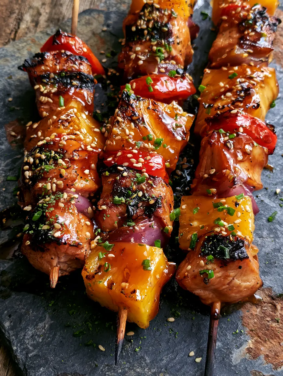 chicken pineapple kabobs: The Ultimate Grilled Hawaiian Teriyaki Skewers 4 Overhead view of grilled chicken pineapple kabobs featuring charred pineapple and red bell peppers. (chicken pineapple kabobs)