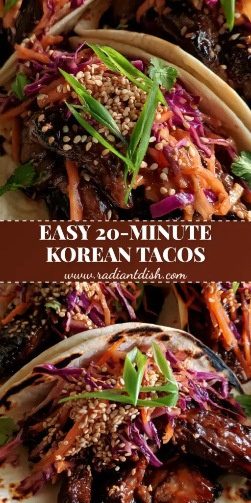 Three vibrant Korean BBQ tacos in a rustic dish with charred tortillas, mahogany glazed beef, and purple cabbage slaw.