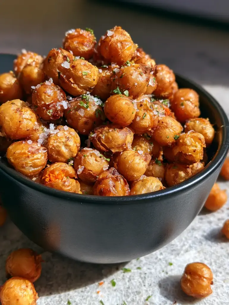 Close up of air-fried chickpeas showing deep golden-brown texture and blistered skins. (Crispy Chickpea Snack Bites)