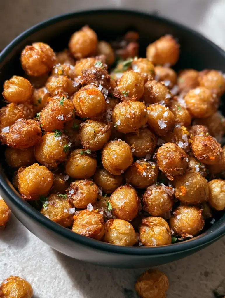 Crispy Chickpea Snack Bites: The Ultimate Air-Fried Crunchy Guide 1 Scattered Crispy Chickpea Snack Bites on a light grey stone countertop with natural lighting.