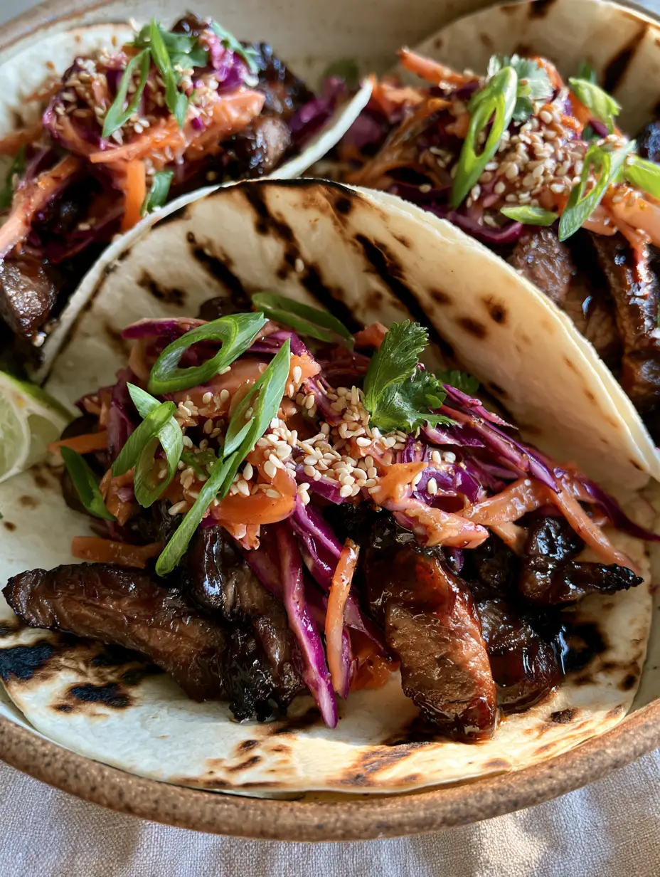 Close-up of handheld Korean BBQ tacos showing glistening beef and crunchy purple cabbage slaw.