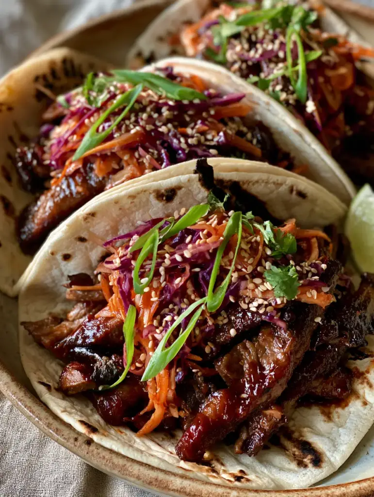 A rustic ceramic dish filled with three Korean BBQ tacos topped with scallions and sesame seeds.