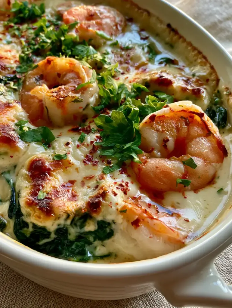 Home 6 Close up of Ocean Bliss showing succulent jumbo shrimp with pink and orange hues nestled in Alfredo sauce.