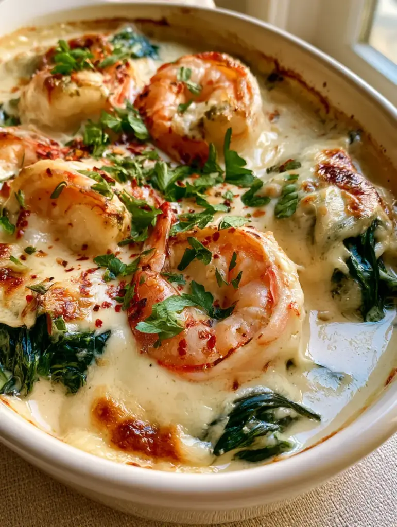 Ocean Bliss: The Ultimate Creamy Garlic Shrimp and Spinach Casserole 1 Top view of Ocean Bliss casserole with golden-brown cheese edges and fresh parsley garnish.