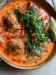 Top-down view of Spicy Brazilian Coconut Chicken in a cast iron skillet with vibrant red palm oil droplets and fresh cilantro garnish.