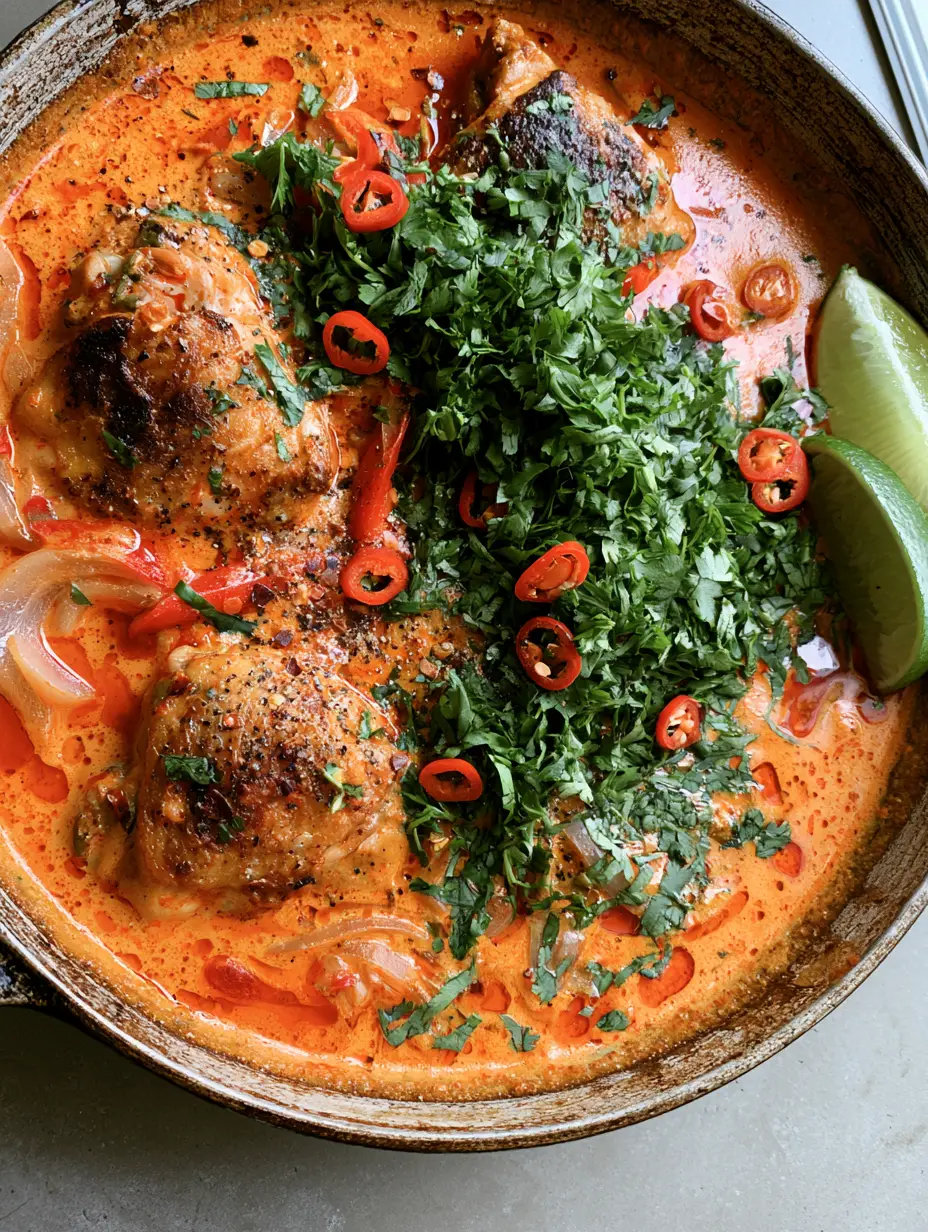 Top-down view of Spicy Brazilian Coconut Chicken in a cast iron skillet with vibrant red palm oil droplets and fresh cilantro garnish.