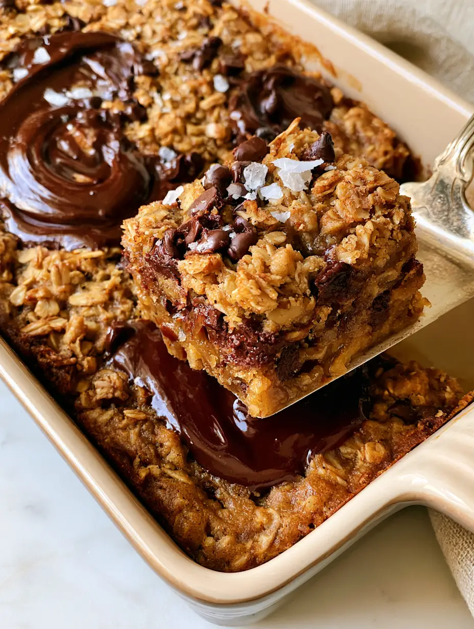 High-angle view of a ceramic pan filled with golden-brown Chocolate Chip Oatmeal Cookie Bars and glossy chocolate puddles.