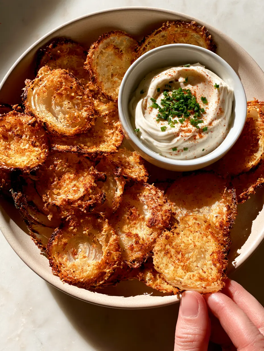 Crispy Onion Ring Chips with Zesty Parmesan Crust 3 Top-down view of golden-brown crispy onion ring chips arranged in a matte bowl with a white ramekin of chive yogurt dip.