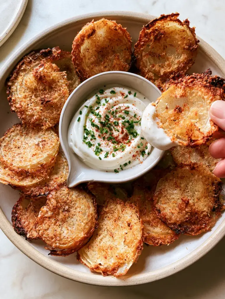 Crispy Onion Ring Chips with Zesty Parmesan Crust 1 A hand dipping a crispy onion ring chip into thick Greek yogurt dip, showing the crystalline texture of the crust.