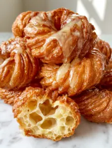 A pile of French Crullers on a white marble surface, showing the crispy fried exterior and glistening translucent glaze.