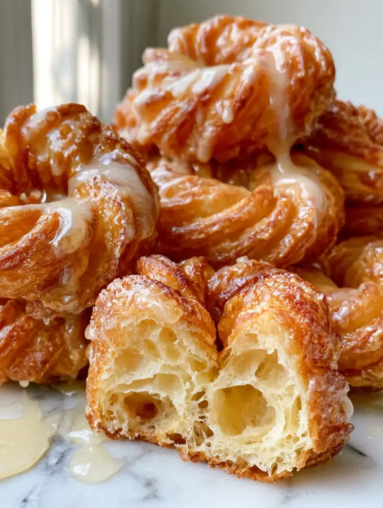 French Crullers: The Ultimate Airy Honey-Glazed Choux Donut Recipe 1 Close-up of a French Cruller torn open to reveal the airy honeycomb interior and large air pockets.