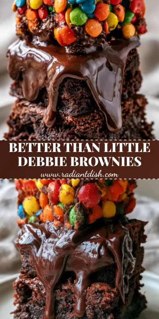 Cosmic Brownie Bites: The Ultimate Fudgy Copycat Recipe 4 A vertical stack of three mini square Cosmic brownie bites featuring overflowing dark chocolate ganache and rainbow candy bits on a grey linen background. (Cosmic brownie bites)