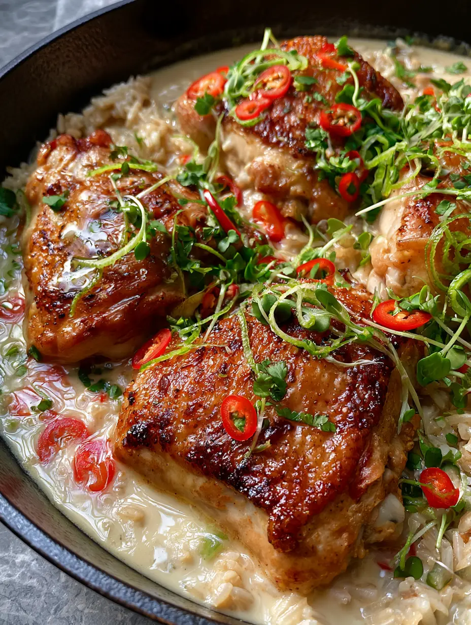 Coconut Lime Chicken and Rice: The Ultimate Creamy One-Skillet Dinner 3 Handheld smartphone photo of Coconut Lime Chicken and Rice in a matte black skillet featuring crispy chicken skin and glossy ivory sauce.