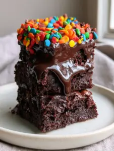 Extreme close-up macro shot of three stacked Cosmic brownie bites with a thick mirror-glaze chocolate drip and rainbow candies. (Cosmic brownie bites)
