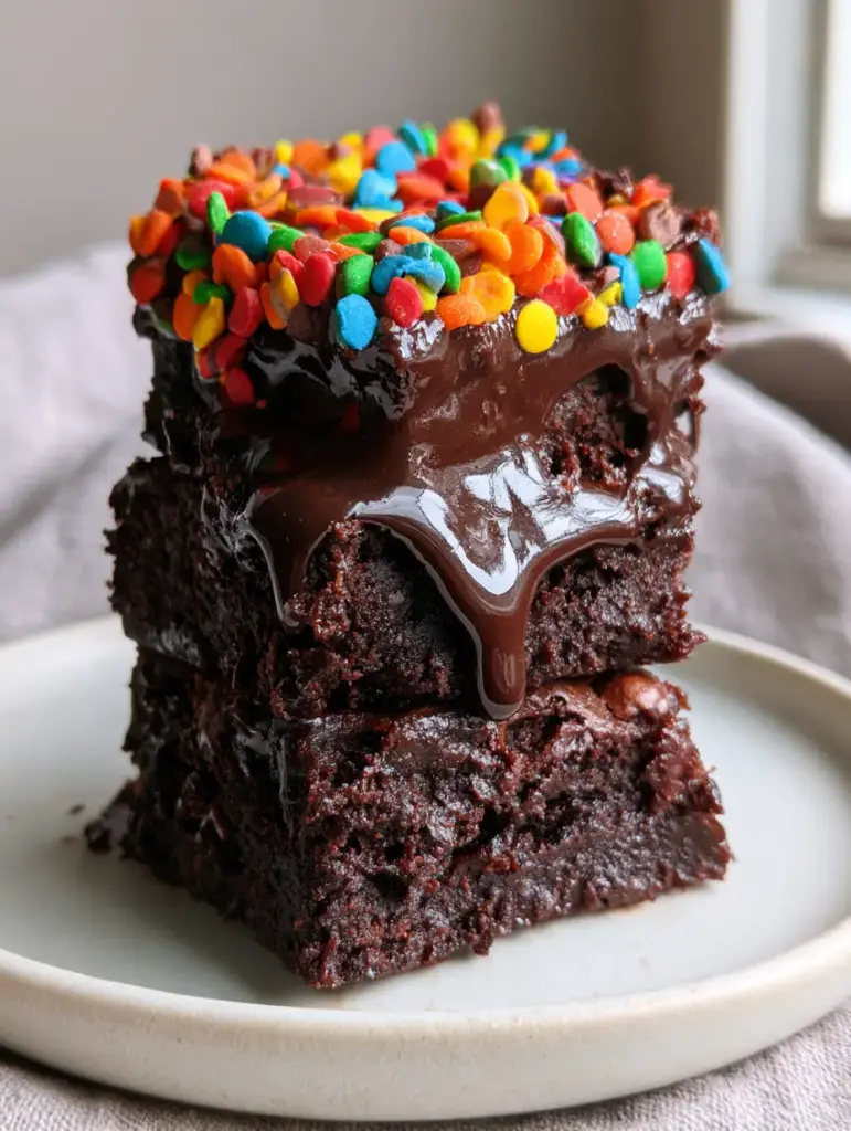 Extreme close-up macro shot of three stacked Cosmic brownie bites with a thick mirror-glaze chocolate drip and rainbow candies. (Cosmic brownie bites)