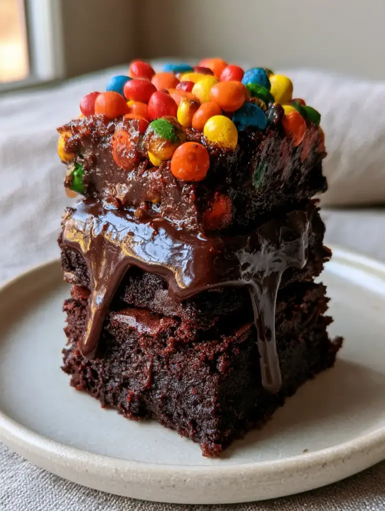 Cosmic Brownie Bites: The Ultimate Fudgy Copycat Recipe 1 Side view of a Cosmic brownie bite showing the moist, heavy texture of the chilled cocoa fudge base and the colorful candy topping.