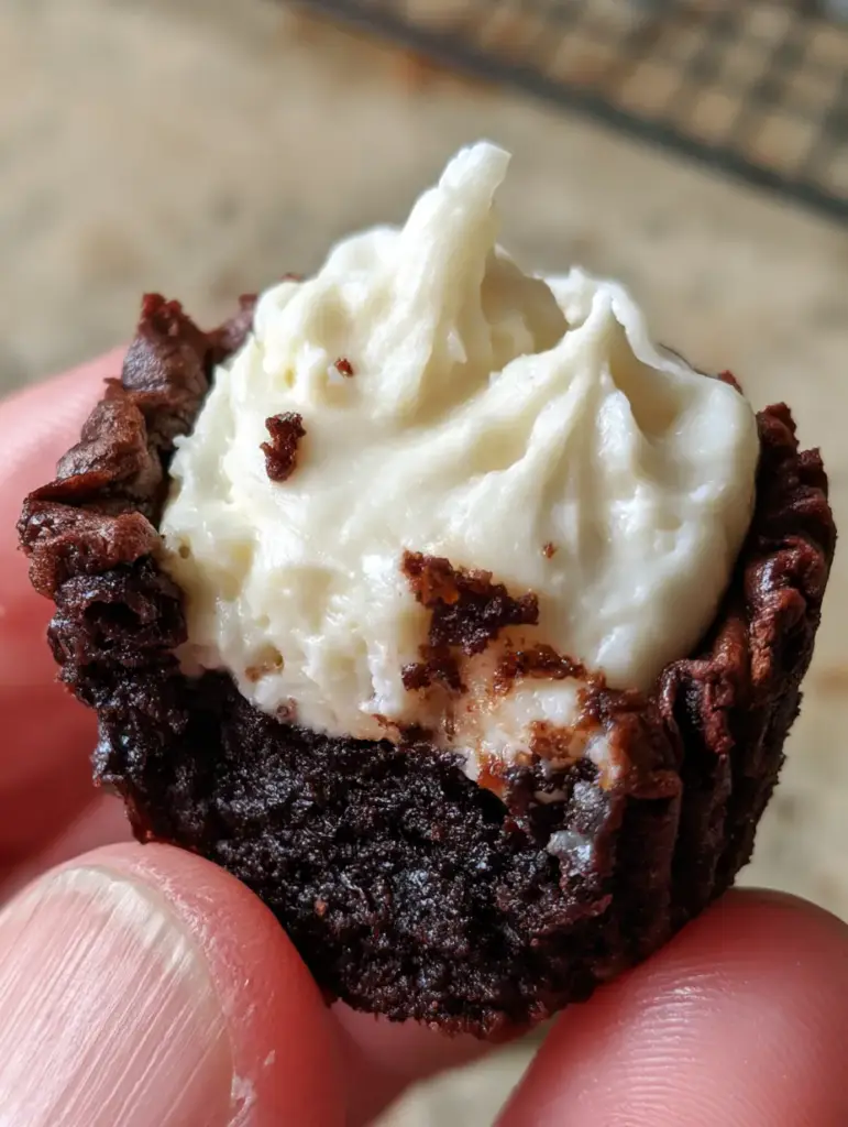 Cheesecake Brownie Bites with Fudgy Centers and Vanilla Bean Swirls 1 A handheld shot of a cheesecake brownie bite with visible vanilla bean specks in the cream cheese layer.