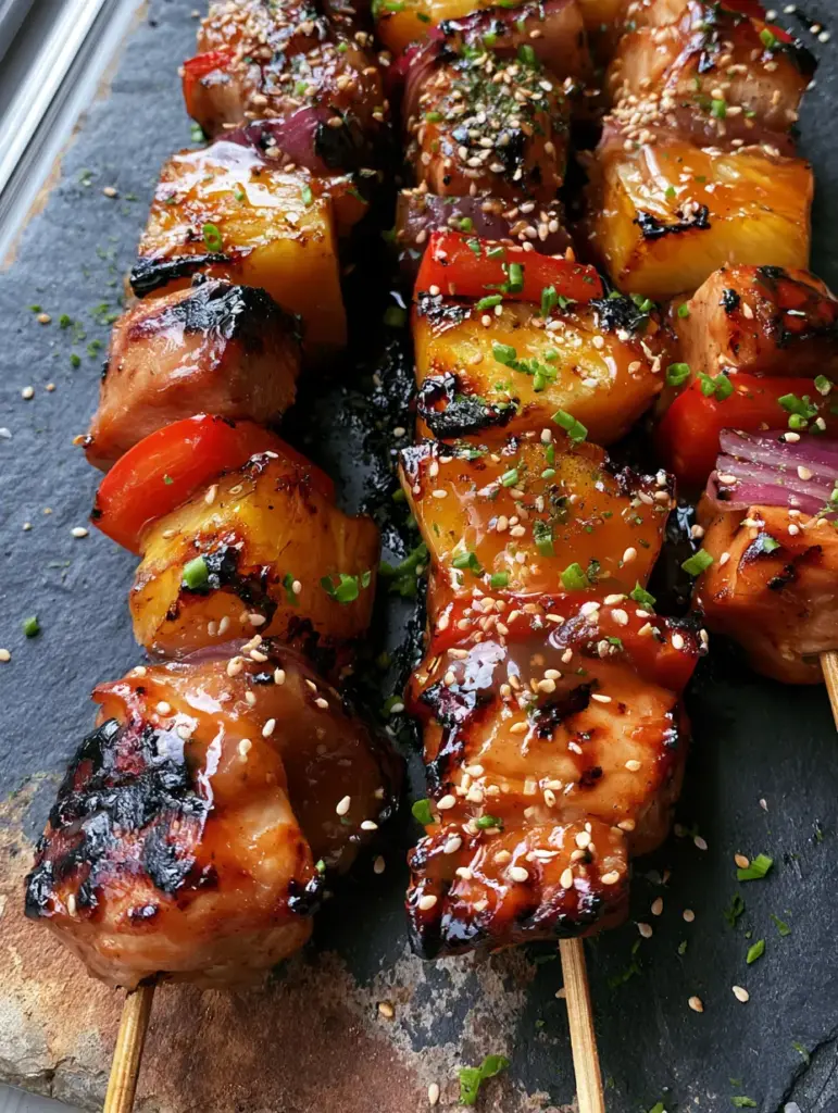 chicken pineapple kabobs: The Ultimate Grilled Hawaiian Teriyaki Skewers 1 Close-up of juicy chicken cubes and purple onion petals dripping with amber teriyaki sauce.