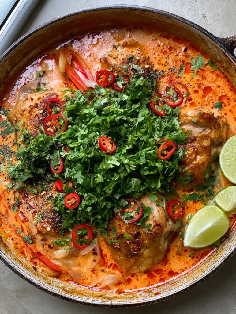 Close-up of seared golden-brown chicken chunks submerged in a creamy spicy Brazilian coconut sauce with red peppers and onions.