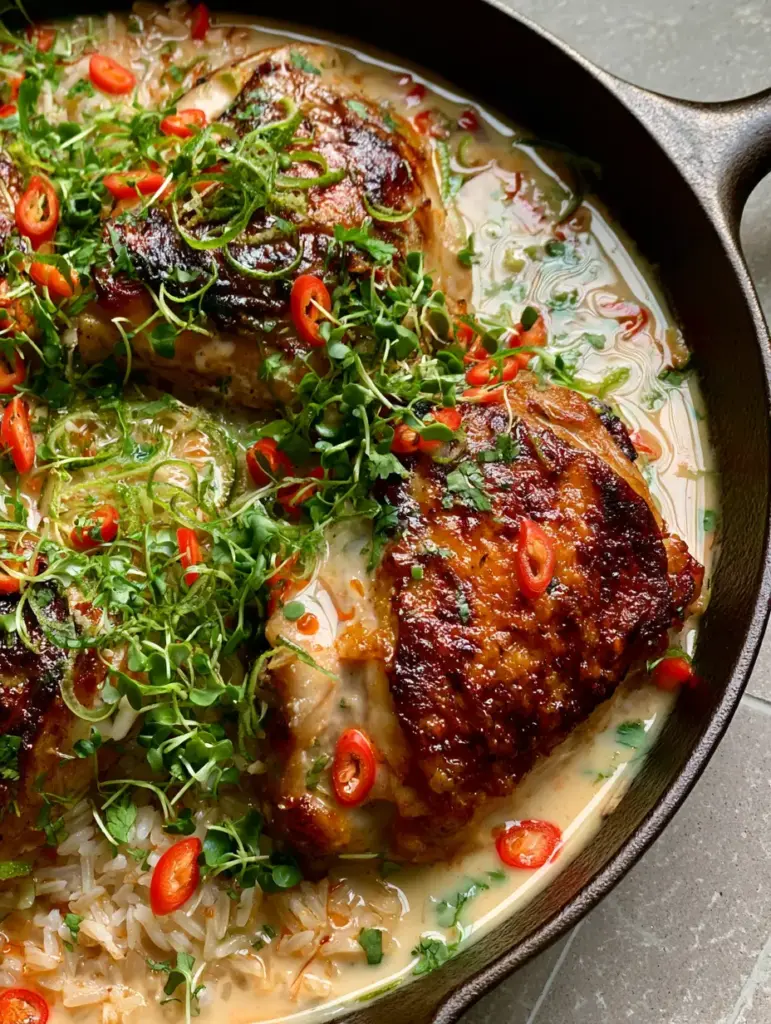 Coconut Lime Chicken and Rice: The Ultimate Creamy One-Skillet Dinner 1 Close-up of seared chicken skin with glistening lime juice droplets and red chili garnishes for Coconut Lime Chicken and Rice.