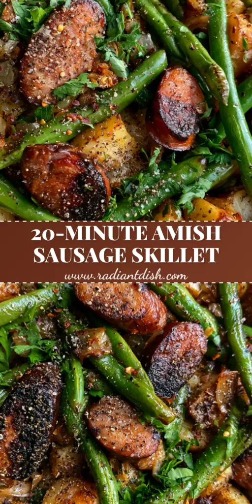 Amish Sausage and Green Beans: The Ultimate One-Pan Skillet 3 A top-down photo of Amish sausage and green beans in a cast iron skillet with crispy potatoes and caramelized onions.