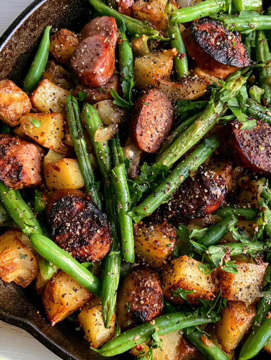 Amish Sausage and Green Beans: The Ultimate One-Pan Skillet 4 Close up of seared smoked sausage rounds and blistered fresh green beans in a black skillet. (Amish sausage and green beans)
