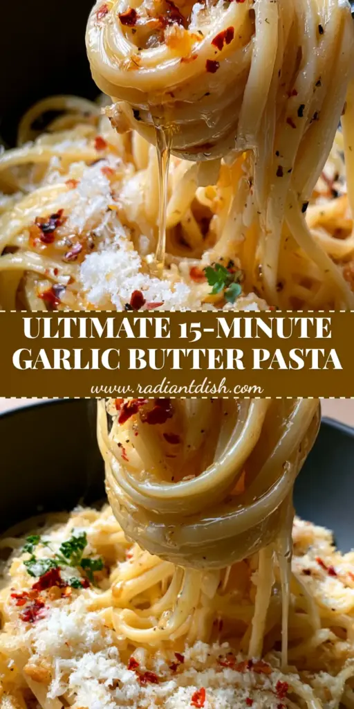 A close-up vertical shot of Garlic Butter Pasta held up by a fork, showcasing the glossy golden sauce, toasted garlic bits, and snow-like parmesan in a charcoal bowl.