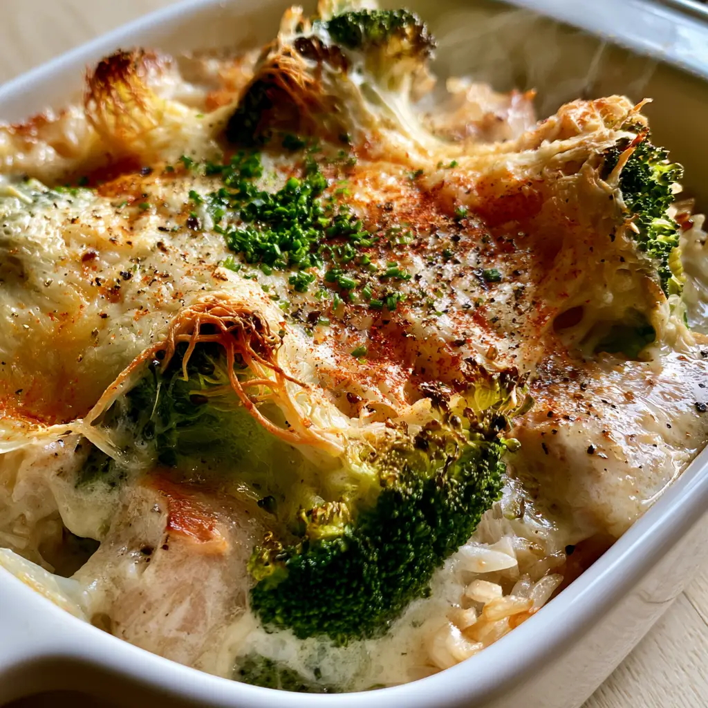 Broccoli Chicken and Rice Casserole: The Ultimate Creamy Comfort Food 2 Close-up handheld shot showing the texture of bubbly melted sharp cheddar and vibrant green broccoli in a Broccoli Chicken and Rice Casserole.