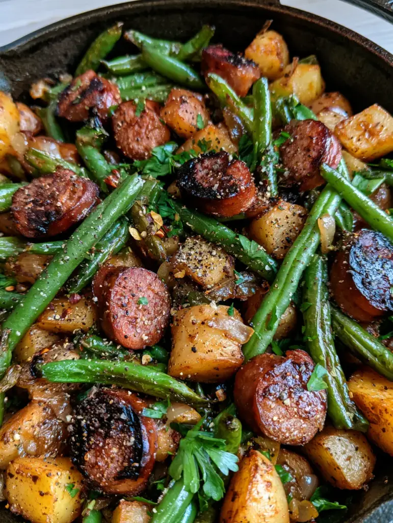 Amish Sausage and Green Beans: The Ultimate One-Pan Skillet 1 Rustic one-pan meal with golden roasted potato cubes, caramelized onions, and fresh parsley garnish.