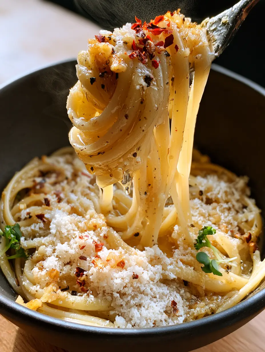 Smartphone photo of al dente Garlic Butter Pasta with visible steam and red pepper flakes in a dark ceramic bowl.