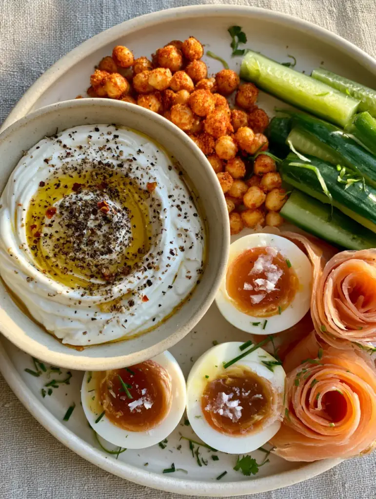 Overhead macro shot of savory snack ideas with jammy yolks and whipped yogurt.