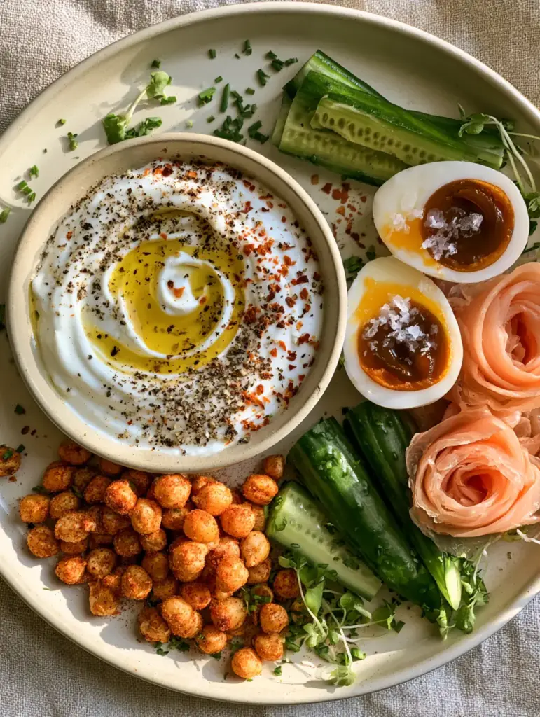Savory Snack Ideas: The Ultimate Whipped Greek Yogurt and Smoked Salmon Plate 1 Vibrant savory snack ideas featuring smoked salmon rosettes and crispy chickpeas.