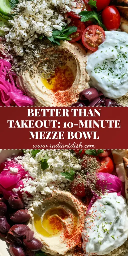 Mediterranean Mezze Bowl recipe: The Ultimate Vibrant Plant-Forward Meal 4 A top-down macro shot of a vibrant Mediterranean Mezze Bowl recipe featuring quinoa, hummus, and charred pita triangles in a ceramic bowl.