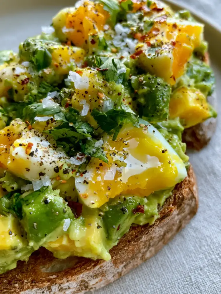 A close-up shot of chunky egg avocado salad showing the texture of hard-boiled eggs and ripe avocado cubes. (egg avocado salad)