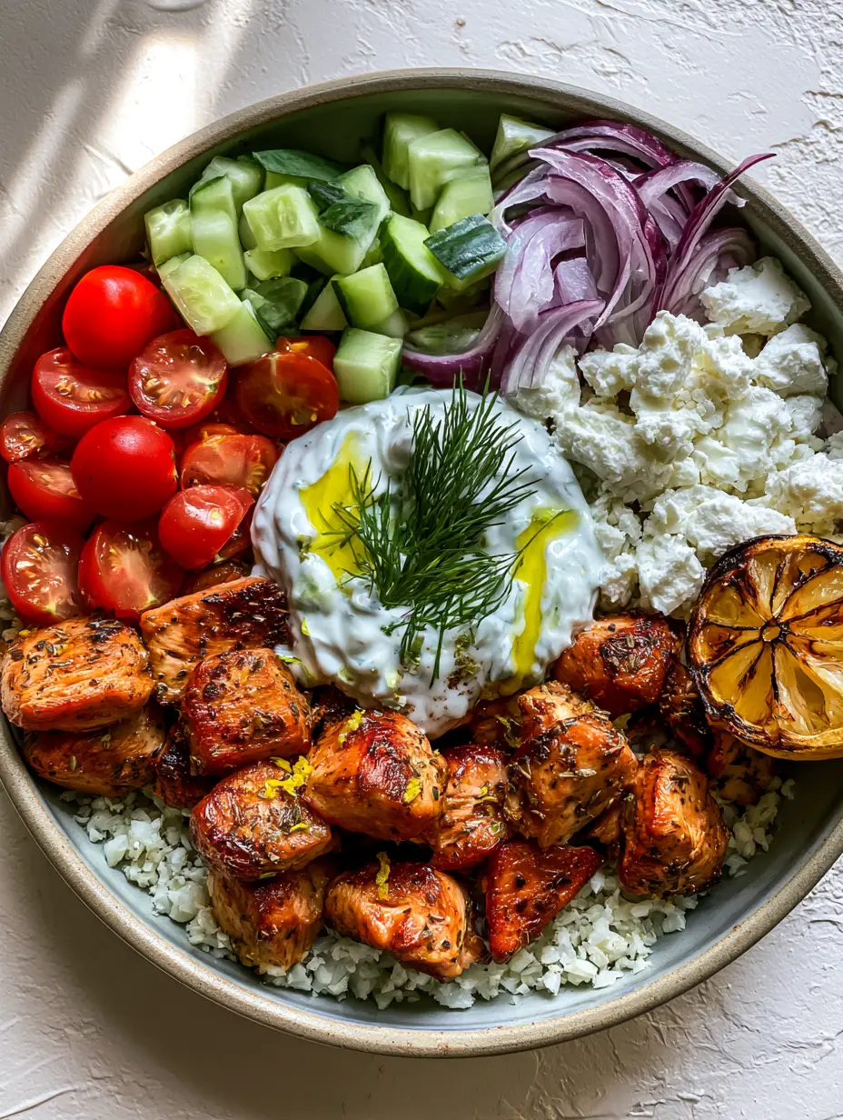 Overhead shot of a succulent Mediterranean Lemon Dill Chicken Bowl featuring charred chicken and fresh vegetables.