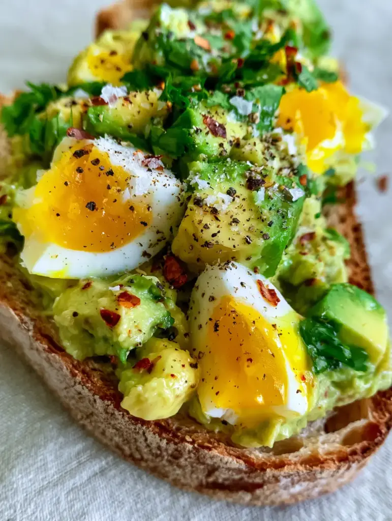Side view of egg avocado salad piled high on a piece of toasted rustic sourdough bread.