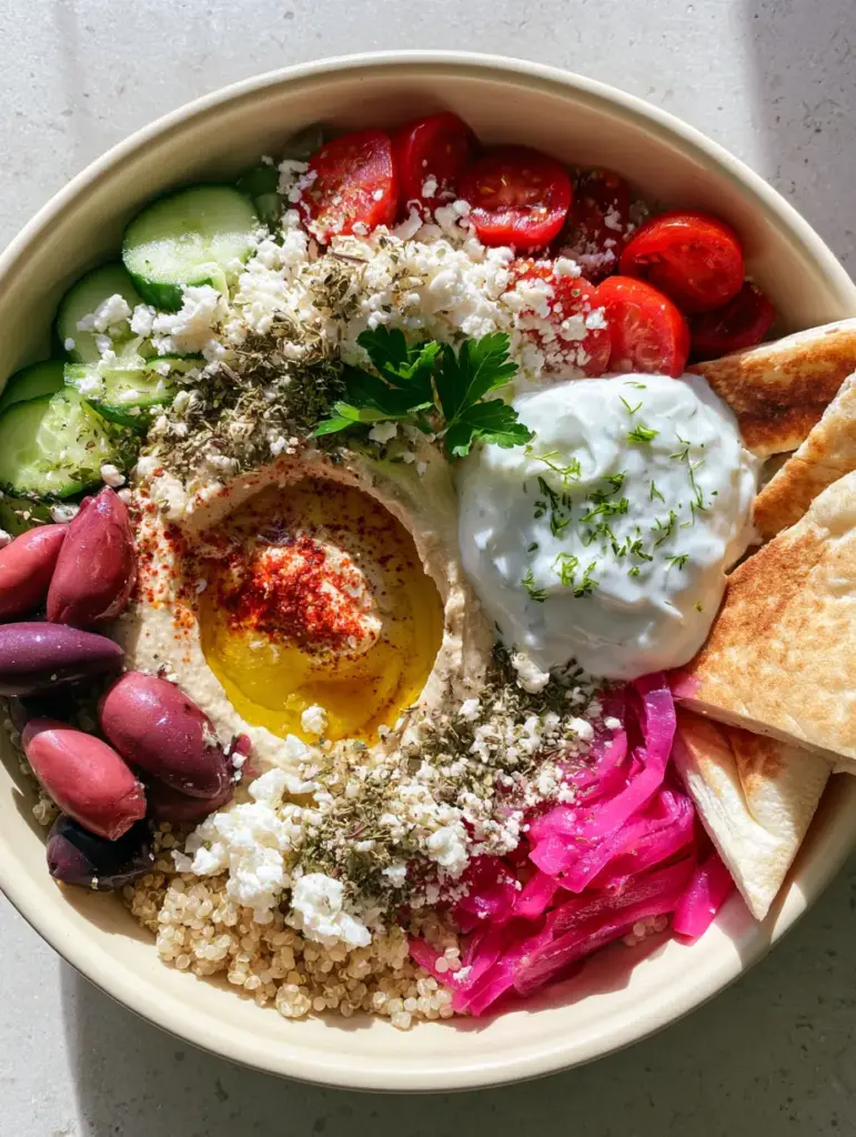 Mediterranean Mezze Bowl recipe: The Ultimate Vibrant Plant-Forward Meal 1 Creamy hummus with an olive oil swirl and paprika alongside thick tzatziki in a Mediterranean Mezze Bowl recipe.