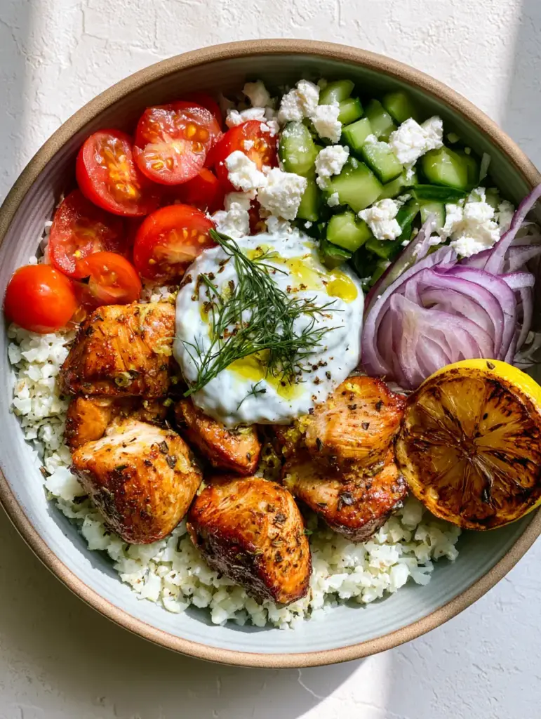 Close up of creamy tzatziki and fresh dill on a Mediterranean Lemon Dill Chicken Bowl.